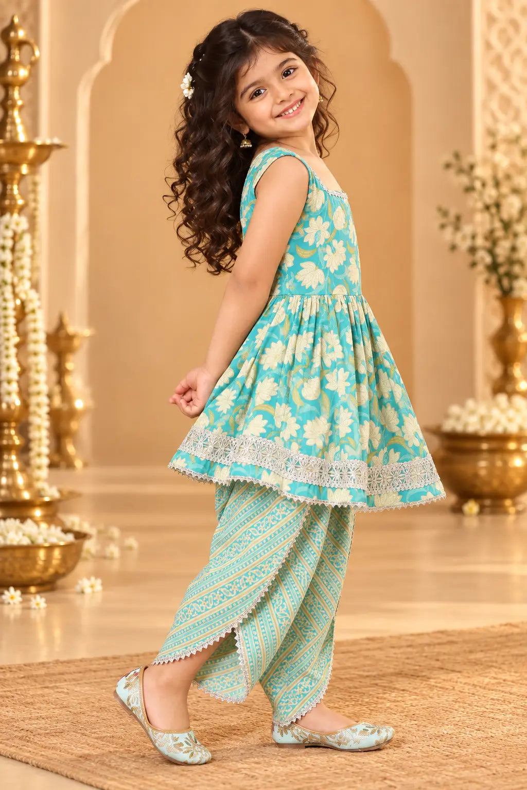 Girls Turquoise Floral Ethnic Dress Set