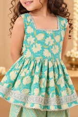 Girls Turquoise Floral Ethnic Dress Set