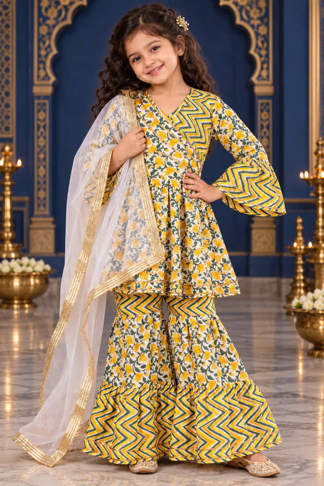 Girls Bell Sleeve Peplum Sharara Set