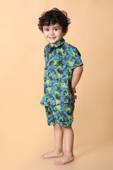 Green Dino Printed Pure Cotton Boys Shirt & Shorts Coord Set Clothing Set - Bebe Unicorn