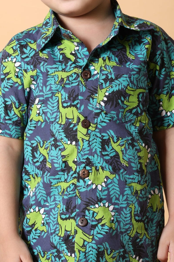 Green Dino Printed Pure Cotton Boys Shirt & Shorts Coord Set Clothing Set - Bebe Unicorn