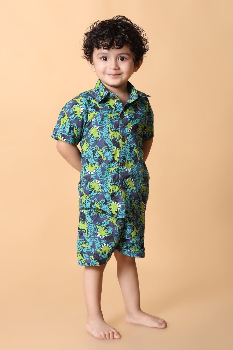 Green Dino Printed Pure Cotton Boys Shirt & Shorts Coord Set Clothing Set - Bebe Unicorn