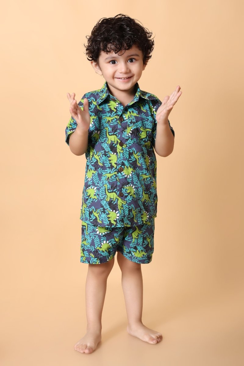 Green Dino Printed Pure Cotton Boys Shirt & Shorts Coord Set Clothing Set - Bebe Unicorn