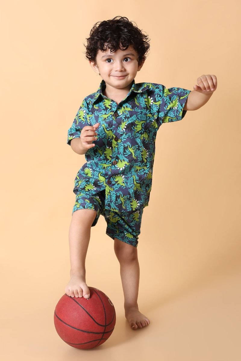 Green Dino Printed Pure Cotton Boys Shirt & Shorts Coord Set Clothing Set - Bebe Unicorn