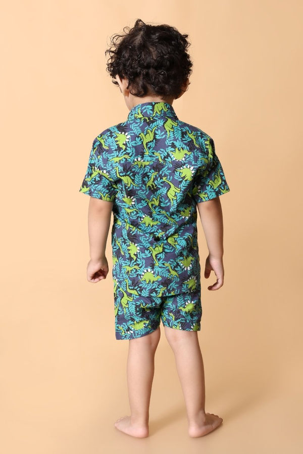 Green Dino Printed Pure Cotton Boys Shirt & Shorts Coord Set Clothing Set - Bebe Unicorn
