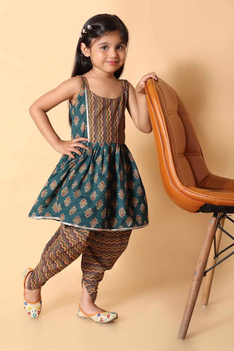 Green Kurti with Multicolor Dhoti Pant – Festive Wear - Bebe Unicorn
