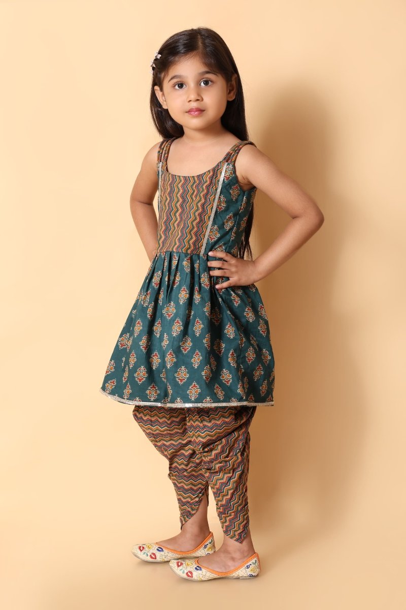 Green Kurti with Multicolor Dhoti Pant – Festive Wear - Bebe Unicorn