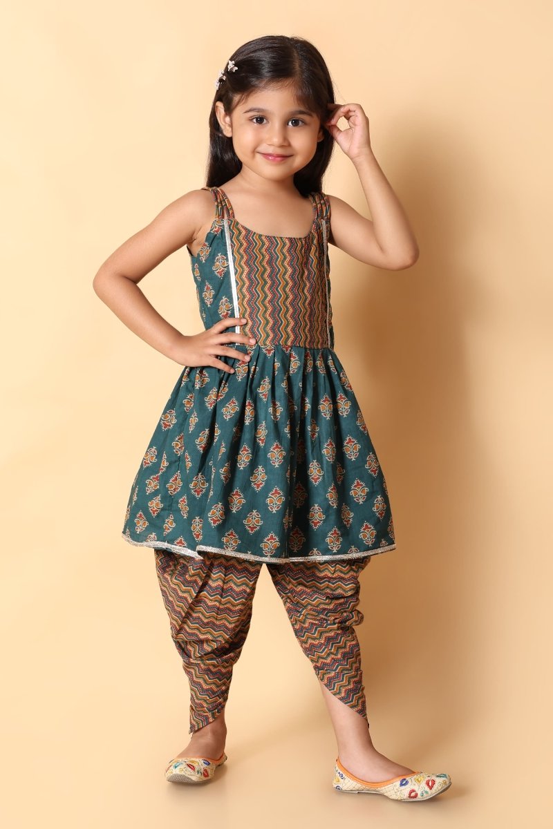 Green Kurti with Multicolor Dhoti Pant – Festive Wear - Bebe Unicorn