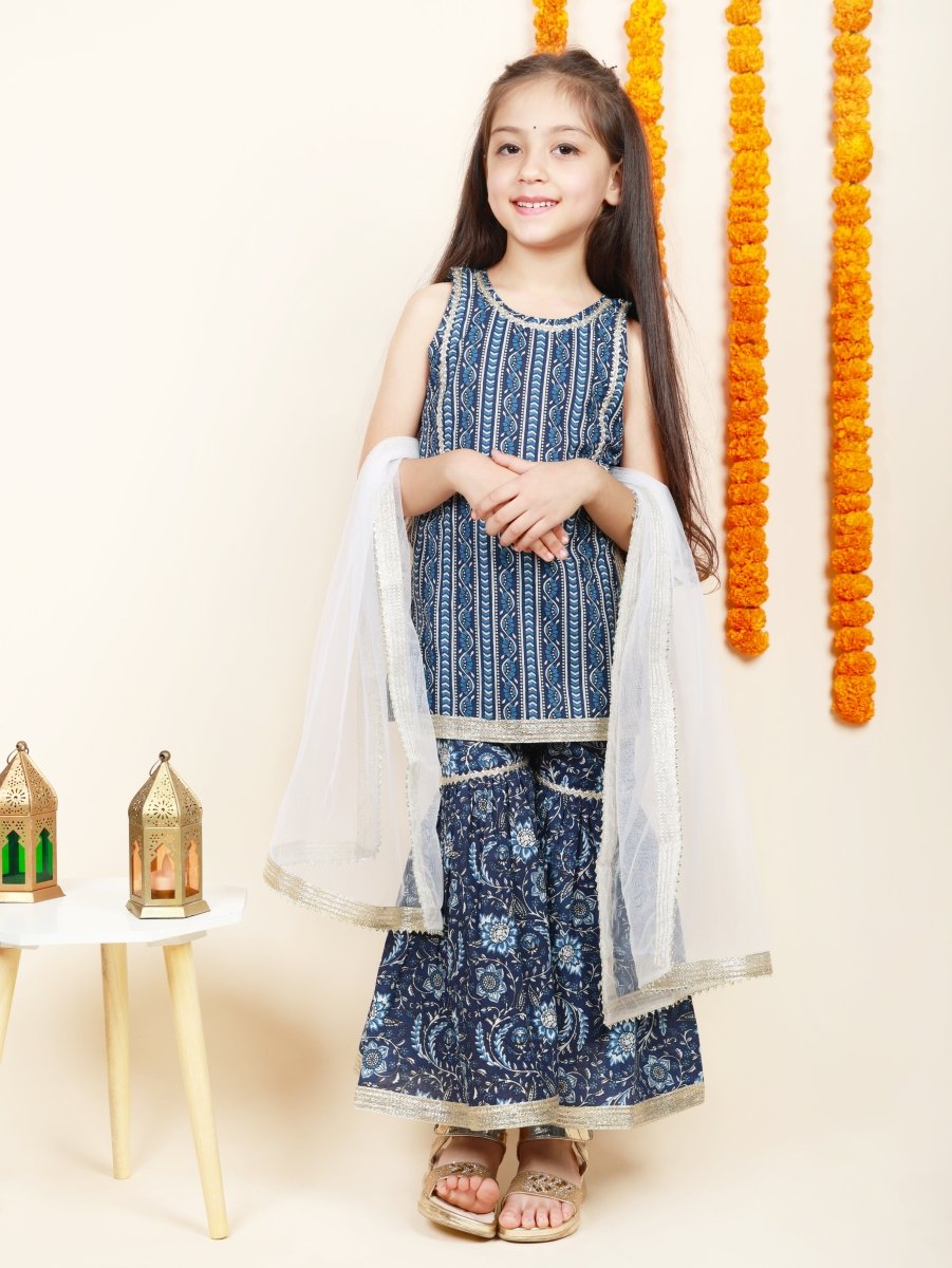 Indigo Printed Sharara Set for Girls - Bebe Unicorn