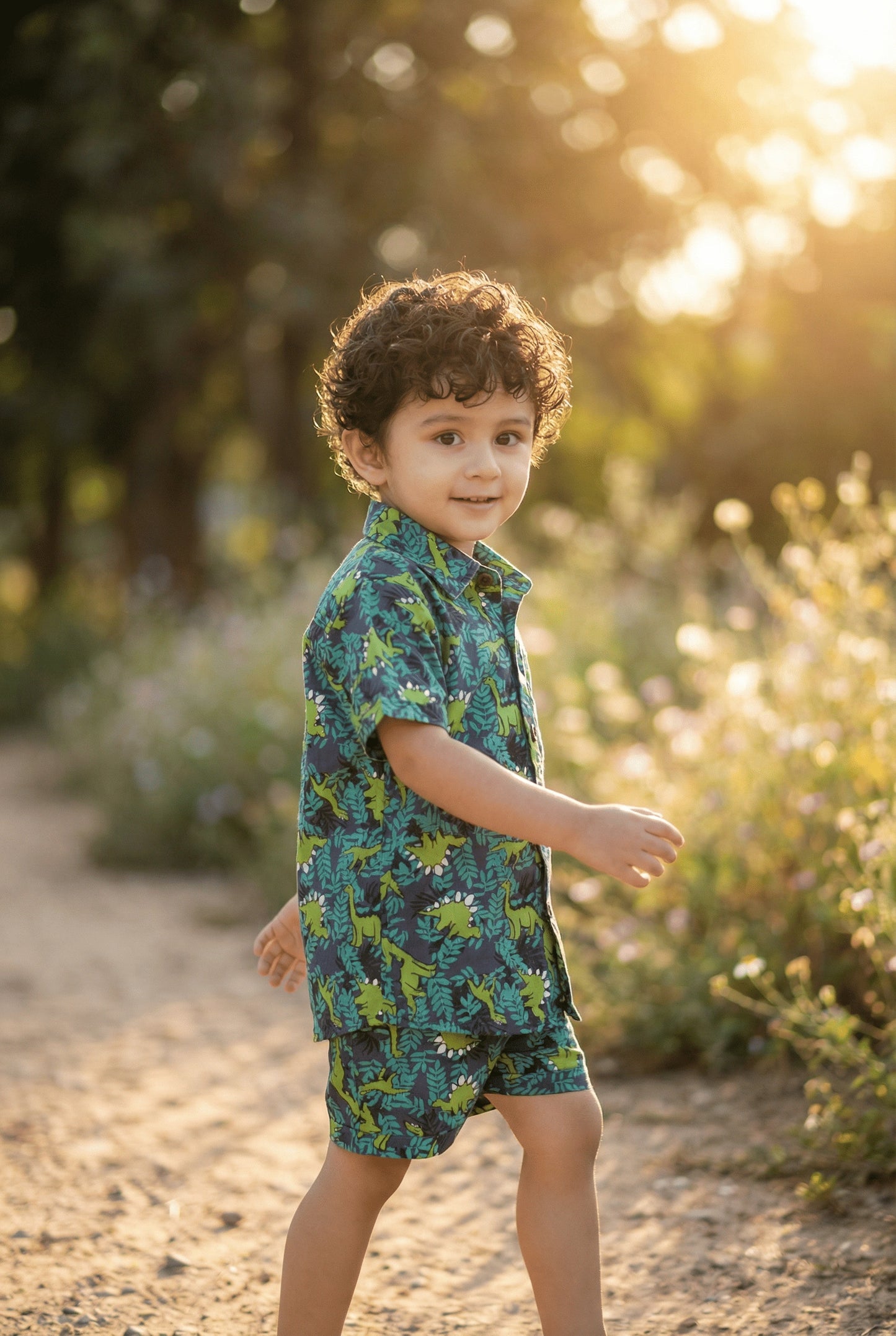 Green Dino Printed Pure Cotton Boys Shirt & Shorts Co-ord Set