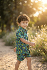 Green Dino Printed Pure Cotton Boys Shirt & Shorts Co-ord Set
