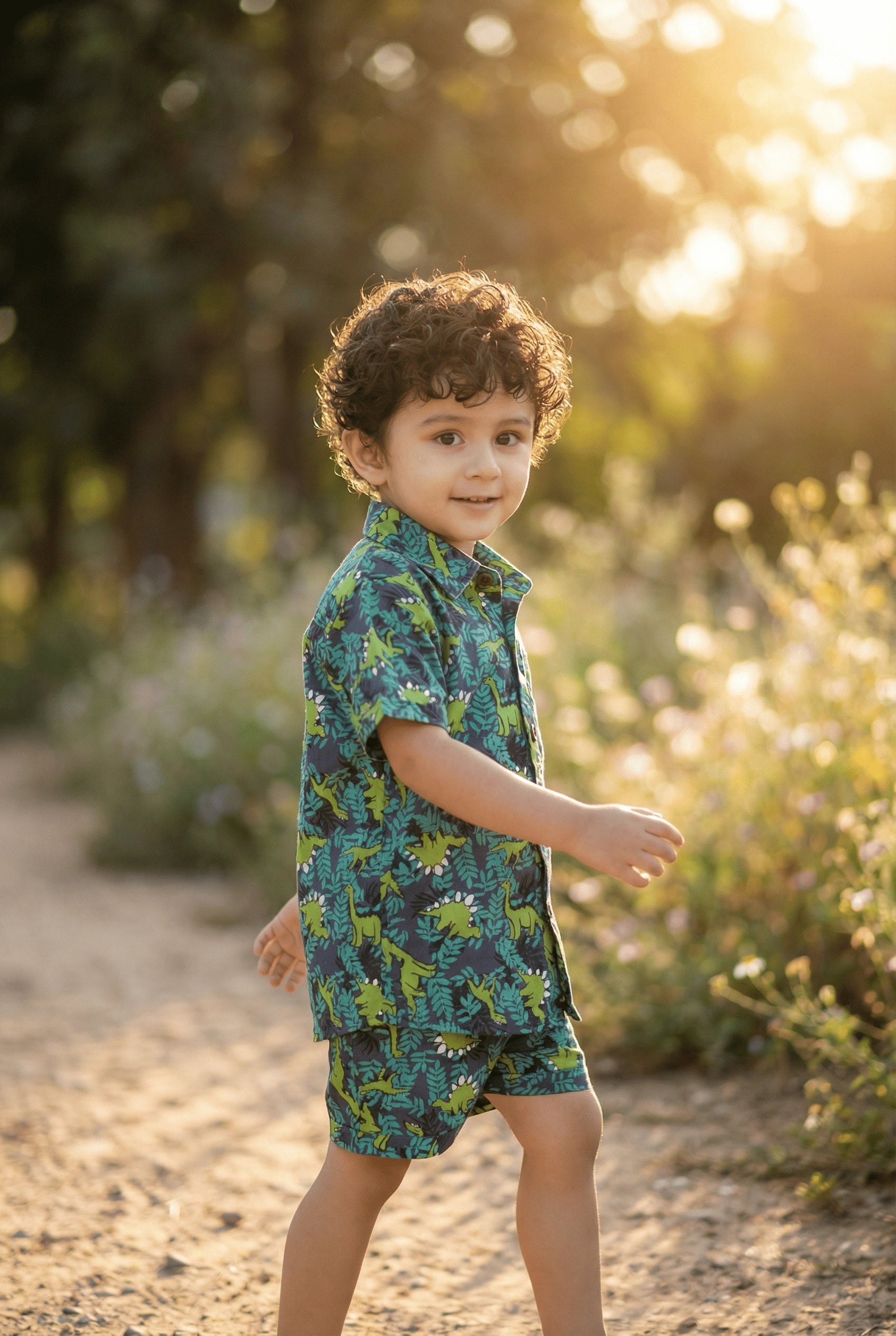 Green Dino Printed Pure Cotton Boys Shirt & Shorts Co-ord Set