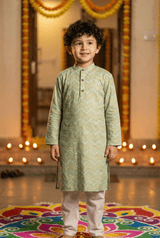 Radiant Style: Boys' Zig Zag Print Pista Color Straight Kurta with White Pajama