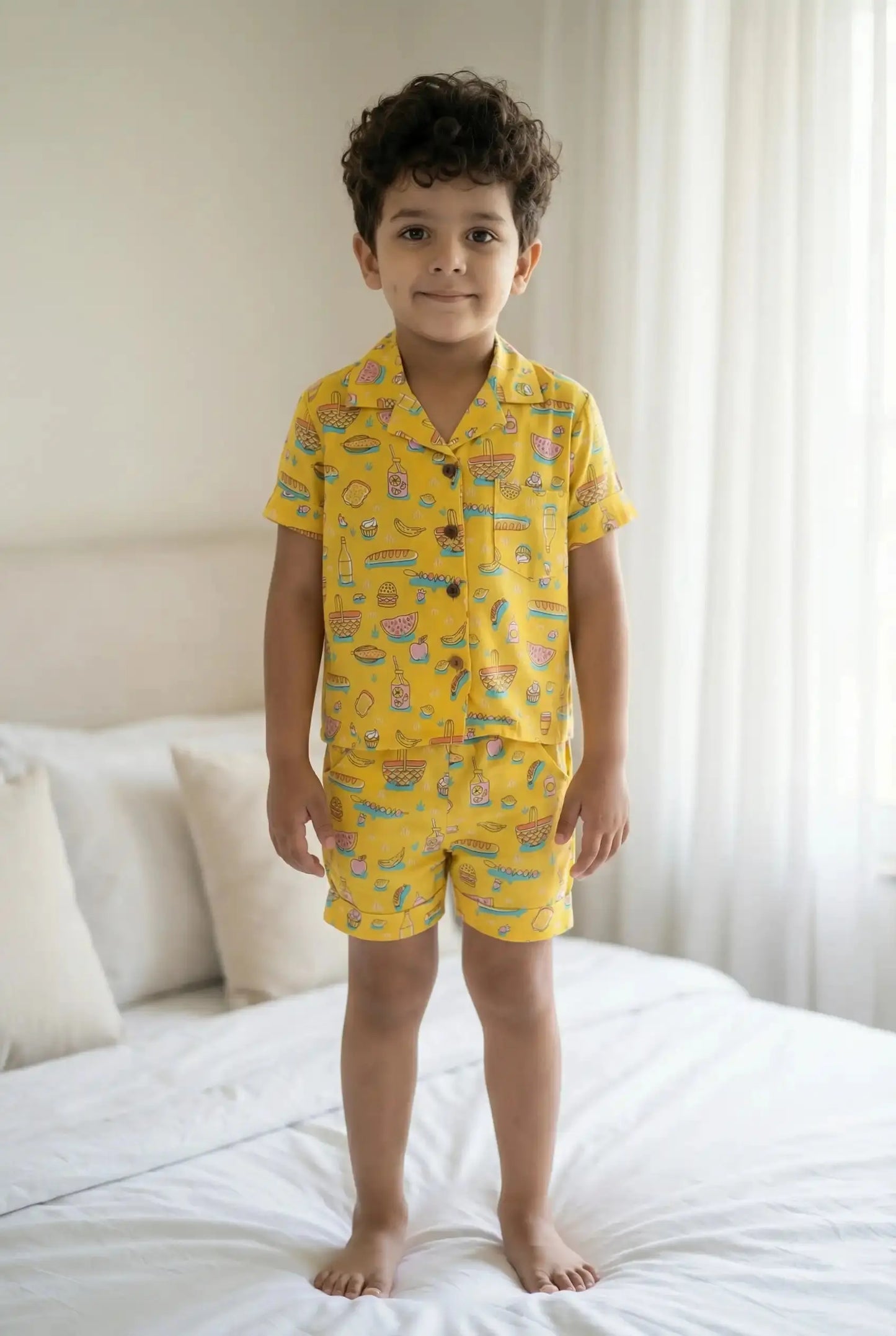 Boys Yellow Food Print Co-ord Set | Shirt & Shorts for Kids (Oversized) Bebe Unicorn