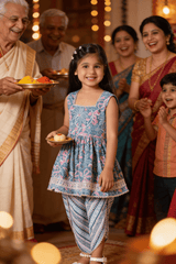 Blue & Pink Floral Rakhi Ethnic Wear for Girls