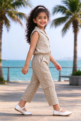 Side view of Girls Beige Geometric Print Cotton Jumpsuit