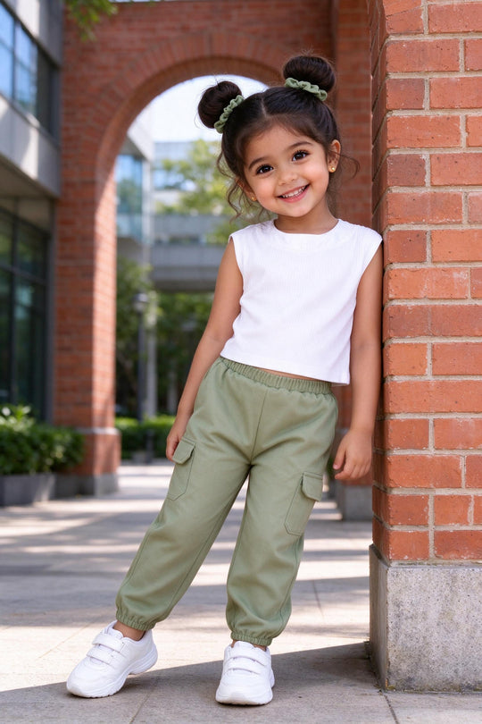 Girl wearing girls white textured crop top & sage olive cargo jogger pants set, front view