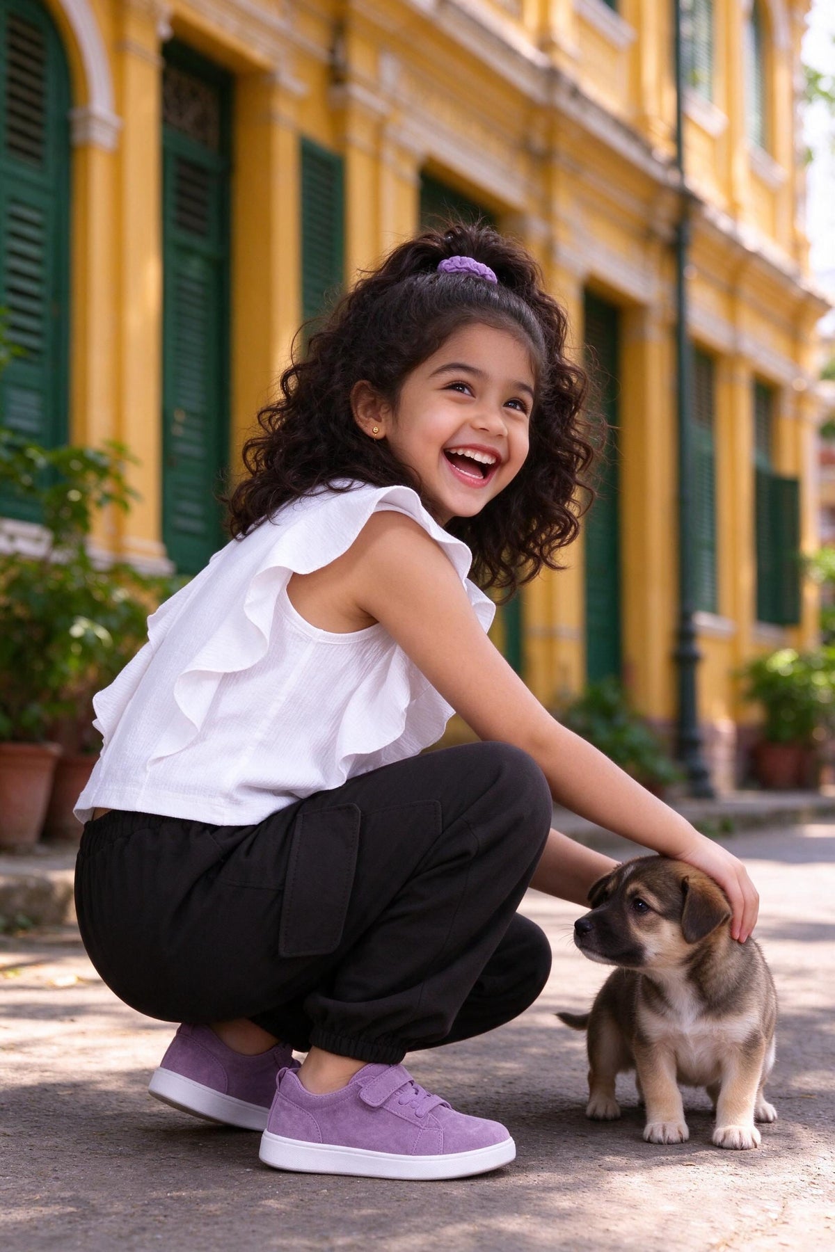 Side view of girls white top & black cargo pants set