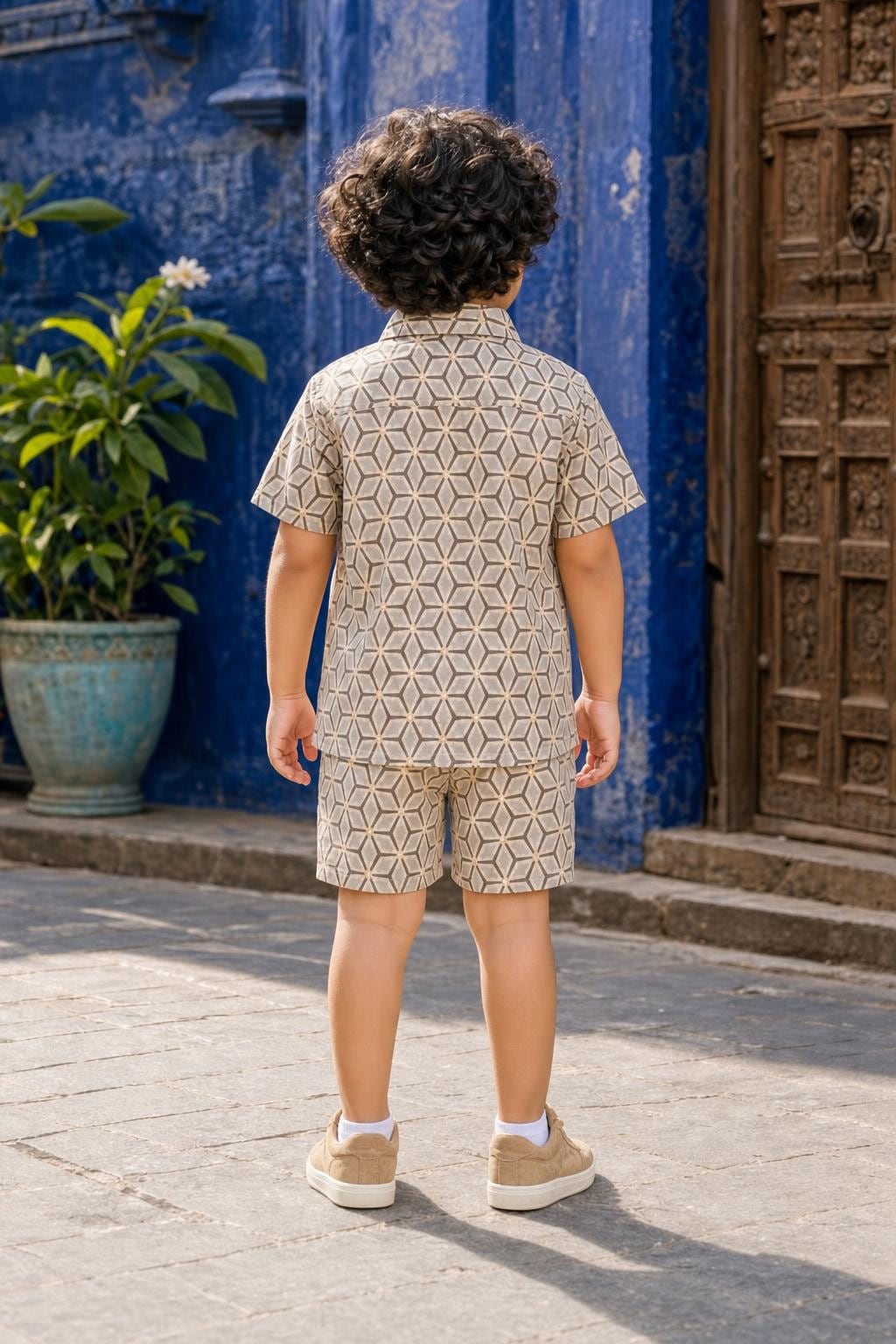 Back view of boys casual geometric print cotton coord set