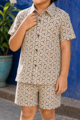 Close-up of boys casual geometric print cotton coord set shirt print, collar and buttons
