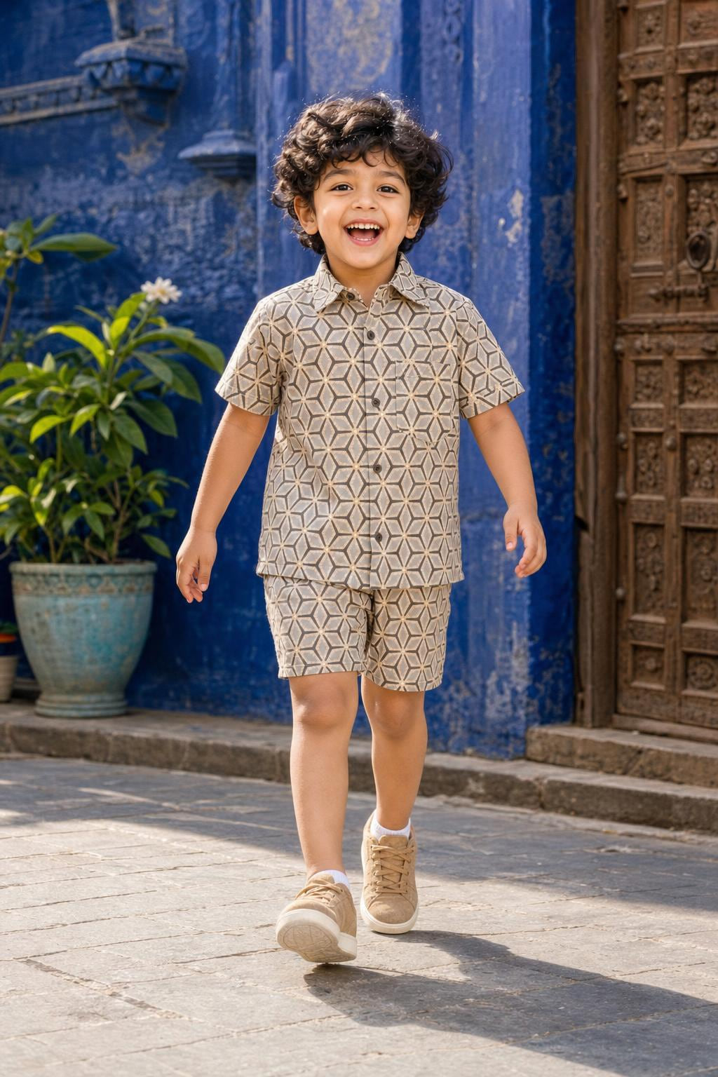 Boy wearing boys casual geometric print cotton coord set with matching shorts, front view