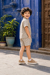 Side view of boys casual geometric print cotton coord set shirt and shorts
