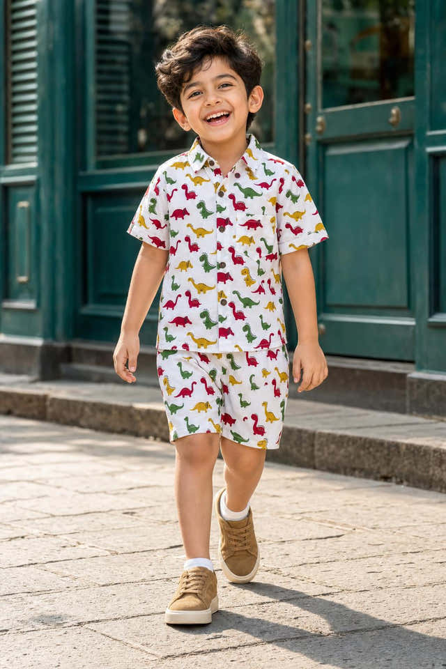 Boys Colorful Dinosaur Print Cotton Coord Set