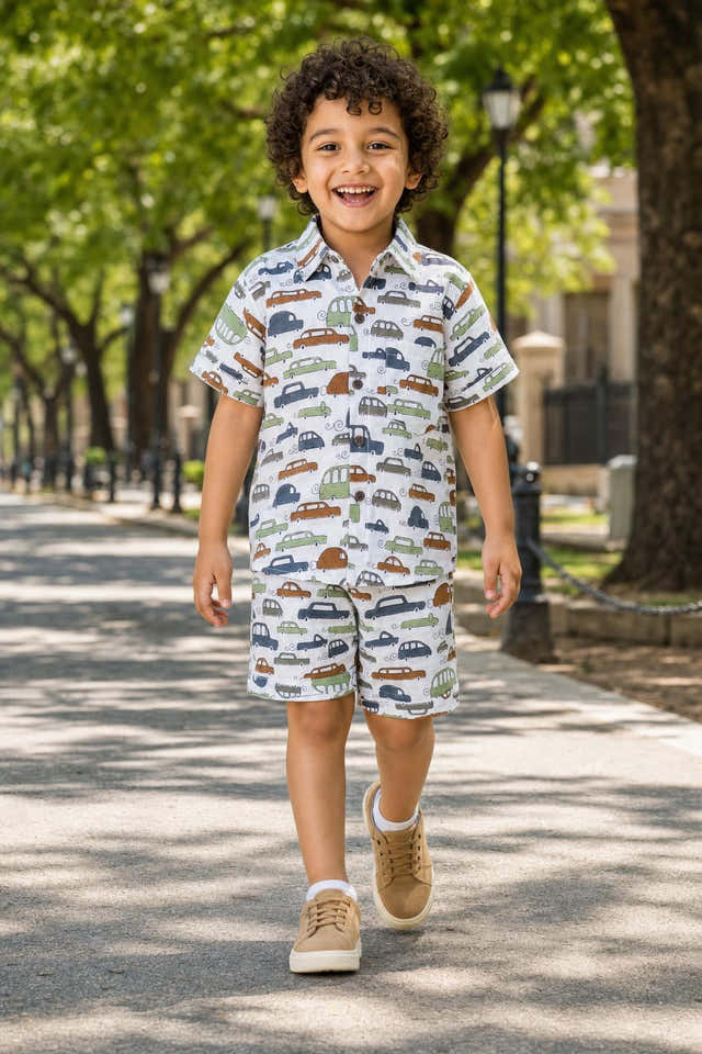 Boys White Big Car Coord Set