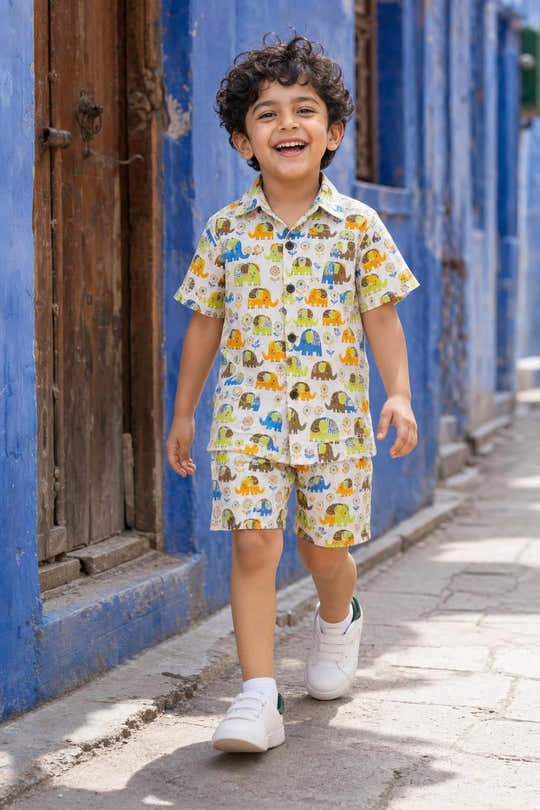 Boys Elephant Print Shirt & Shorts Set