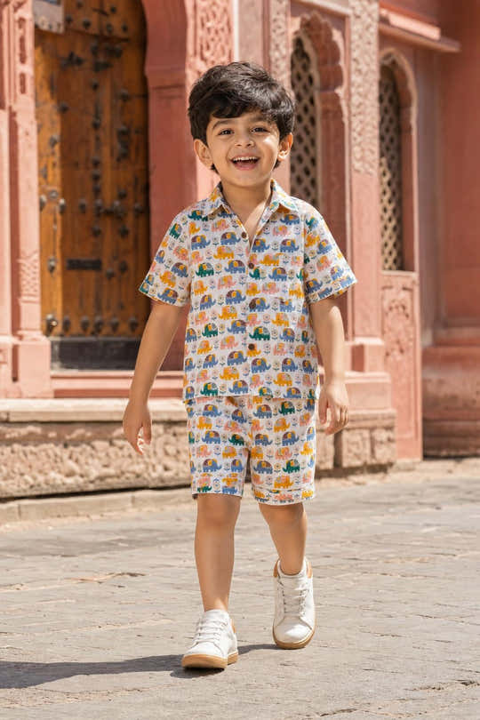 Boys Elephant Nature Print Shirt & Shorts Set