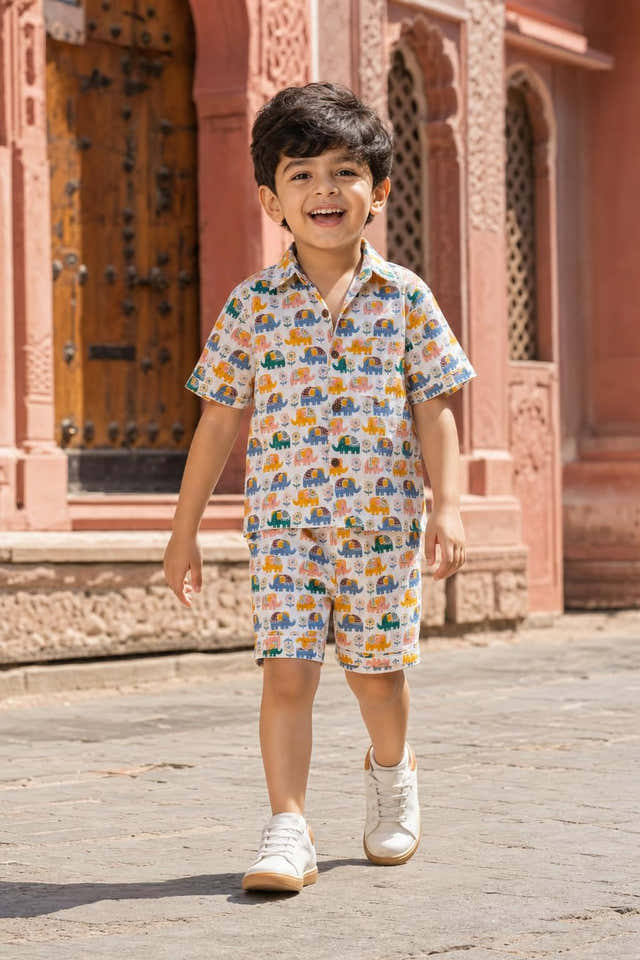 Boys Elephant Nature Print Shirt & Shorts Set