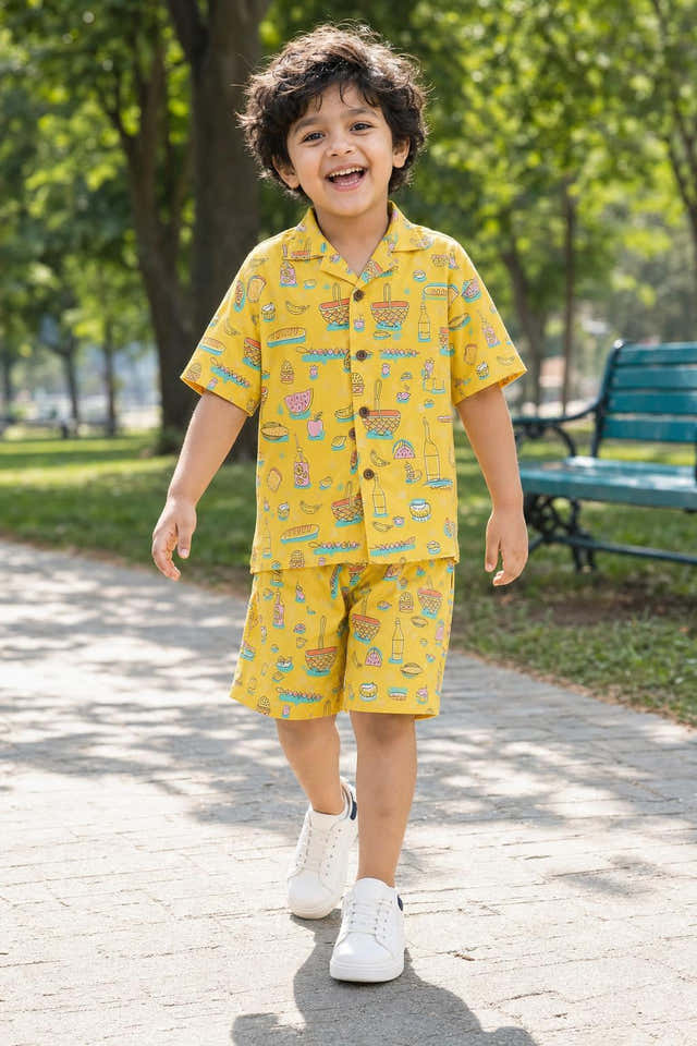 Boys Mustard Food Doodle Oversized Coord Set