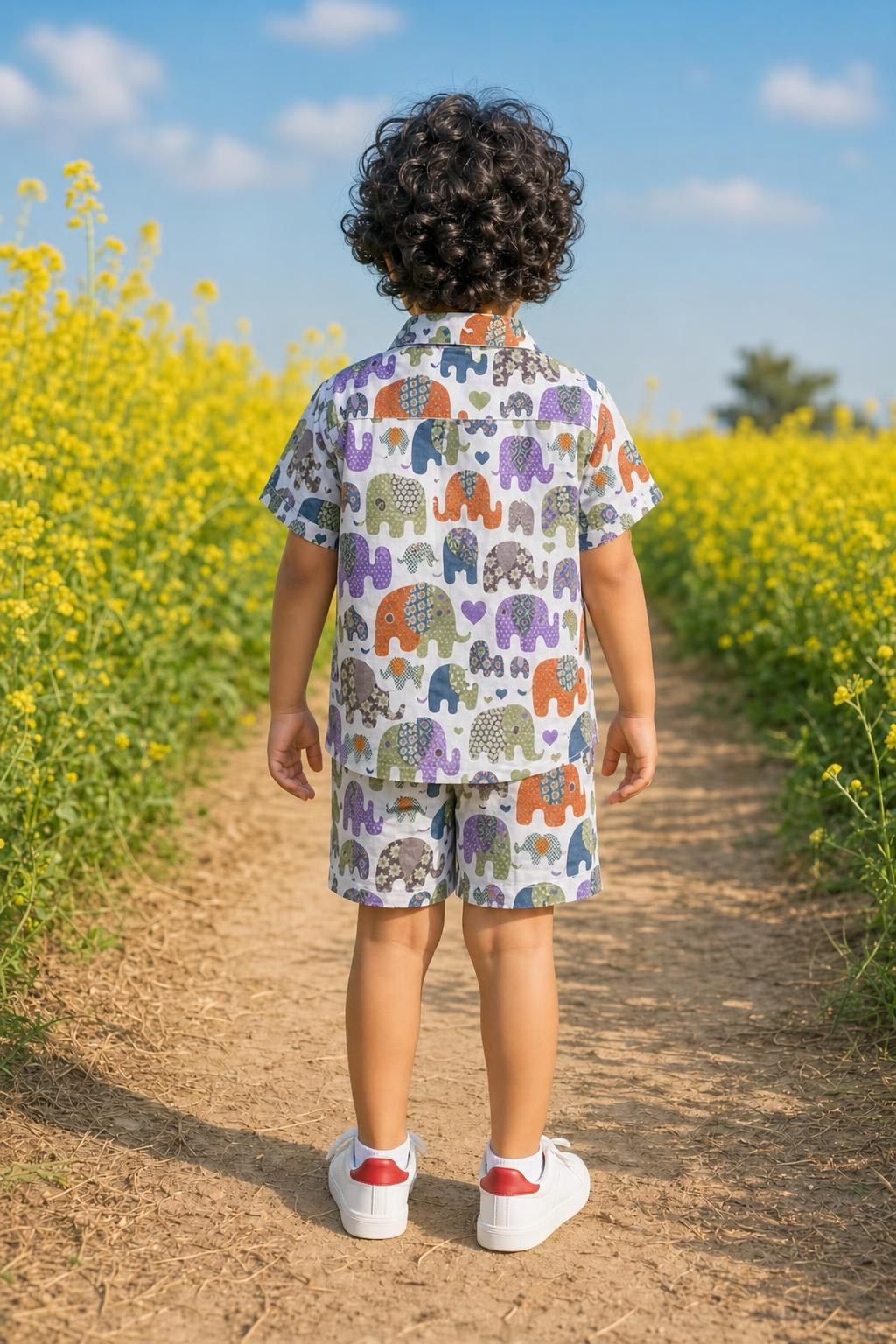 Back view of boys multicolour elephant parade coord set