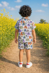 Back view of boys multicolour elephant parade coord set