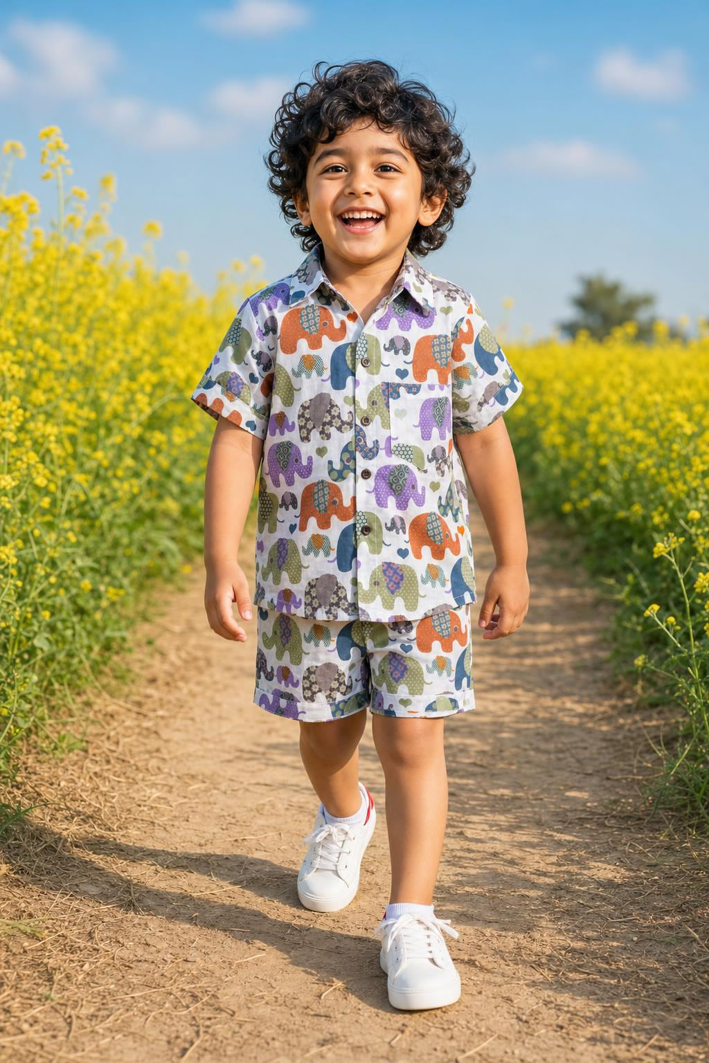 Boy wearing boys multicolour elephant parade coord set with matching shorts, front view