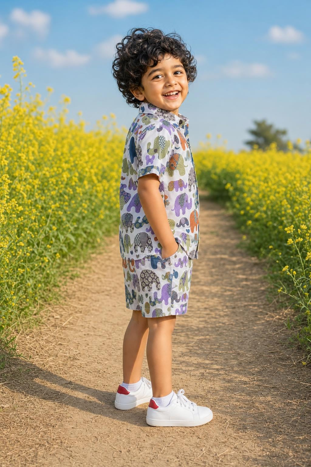 Side view of boys multicolour elephant parade coord set shirt and shorts