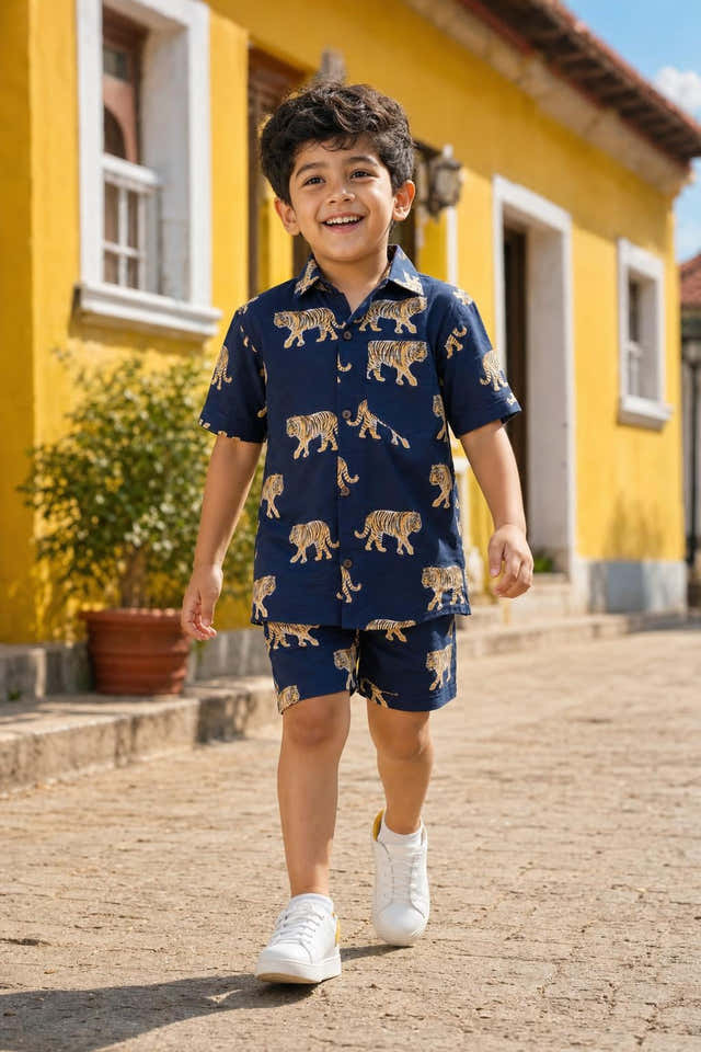 Boys Navy Bengal Tiger Print Cotton Coord Set