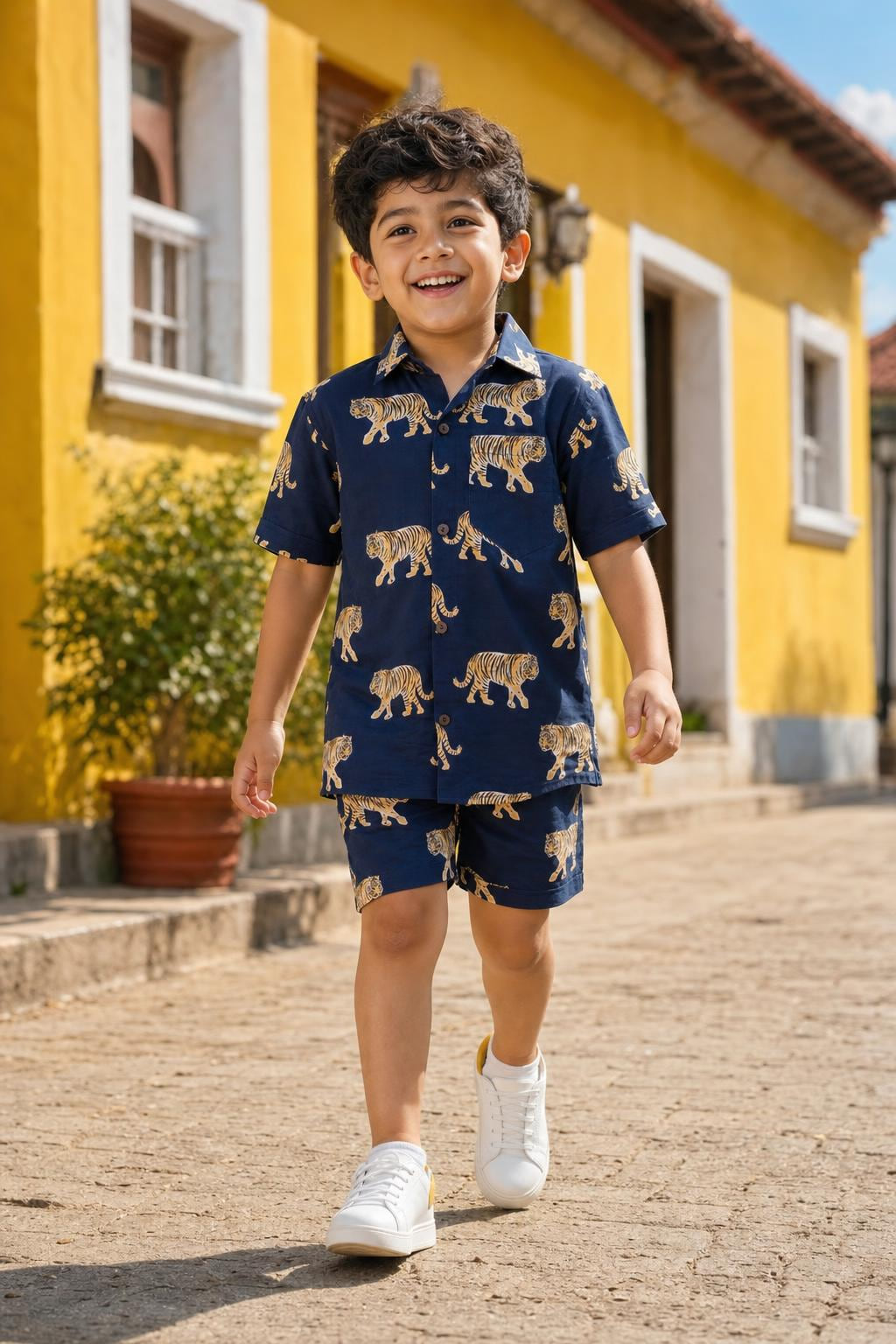 Boy wearing boys navy bengal tiger print cotton coord set with matching shorts, front view