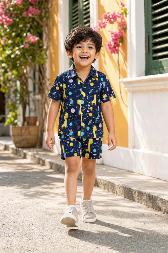 Boys Navy Space Giraffe Coord Set