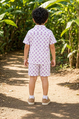Back view of boys purple printed cotton coord set