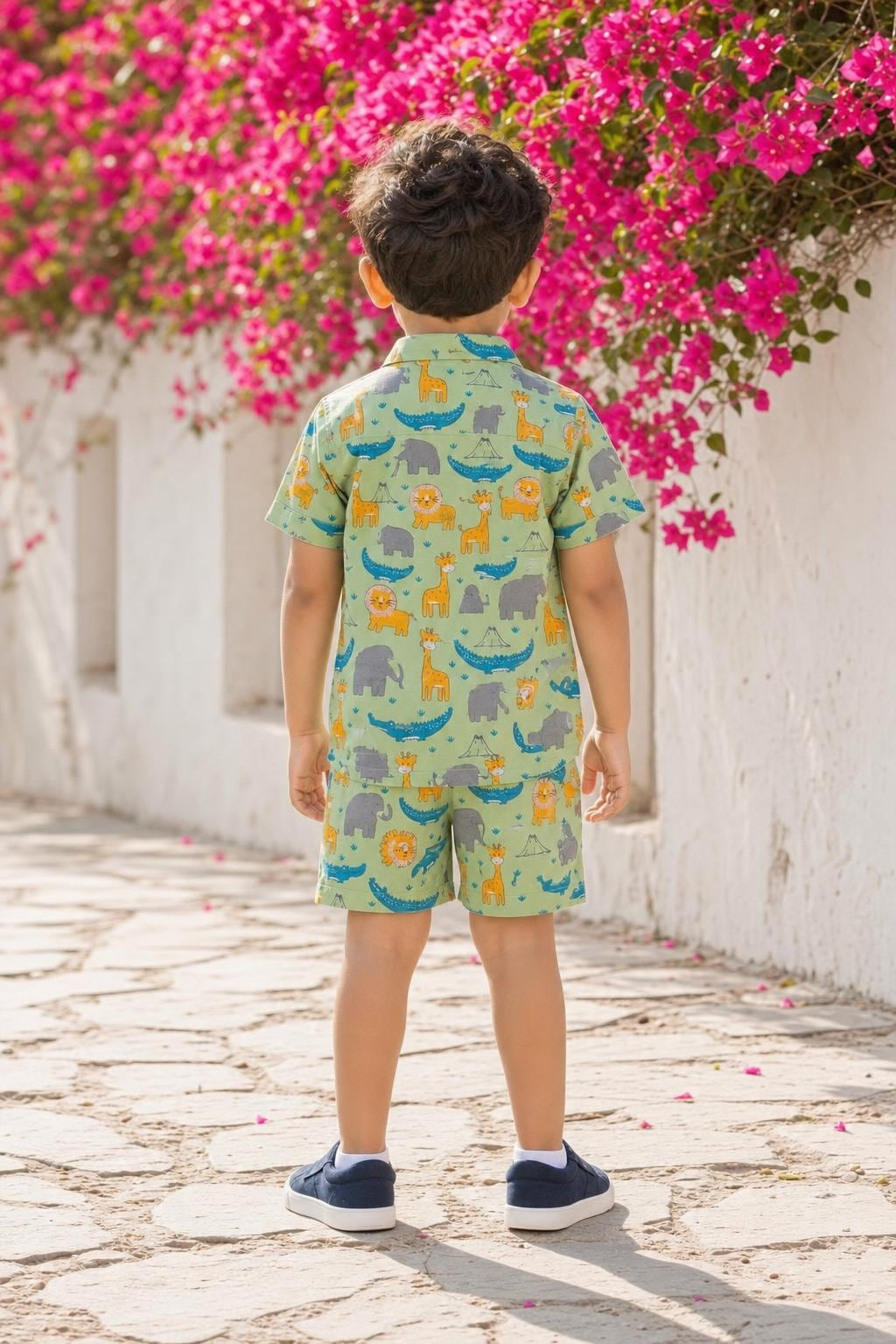 Back view of boys safari animals print coord set