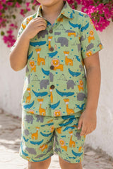 Close-up of boys safari animals print coord set shirt print, collar and buttons