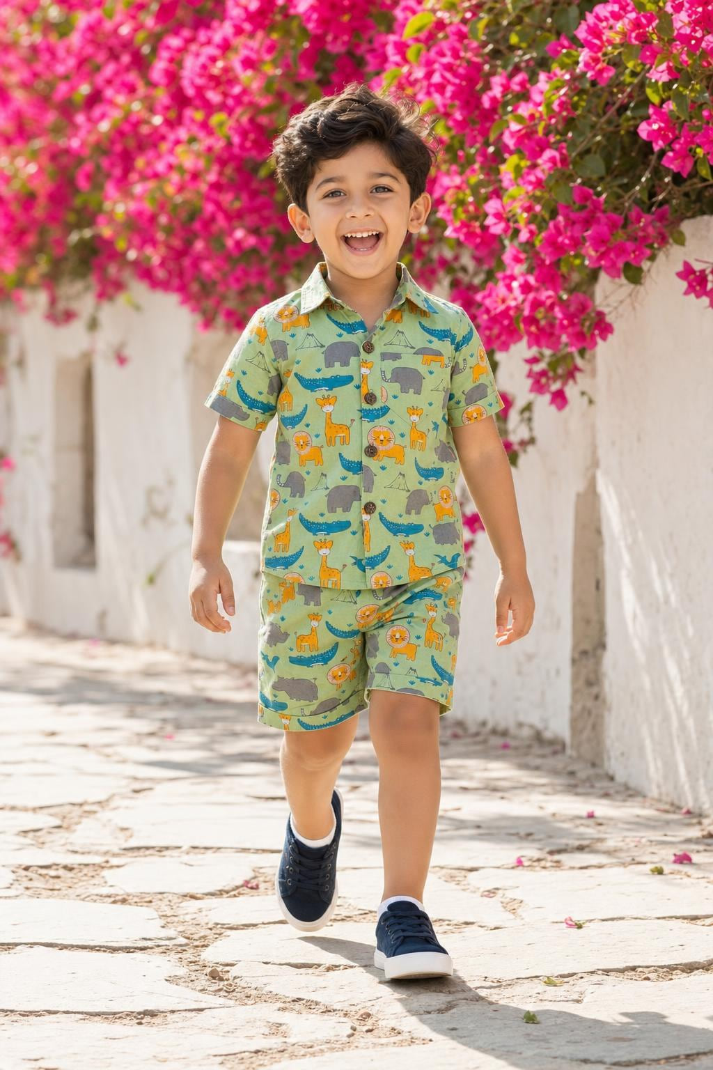 Boy wearing boys safari animals print coord set with matching shorts, front view