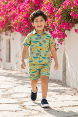 Boy wearing boys safari animals print coord set with matching shorts, front view