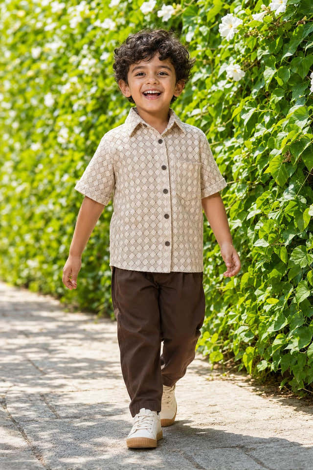 Boys Beige Diamond Print Shirt