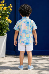 Back view of boys multicolor print linen shirt