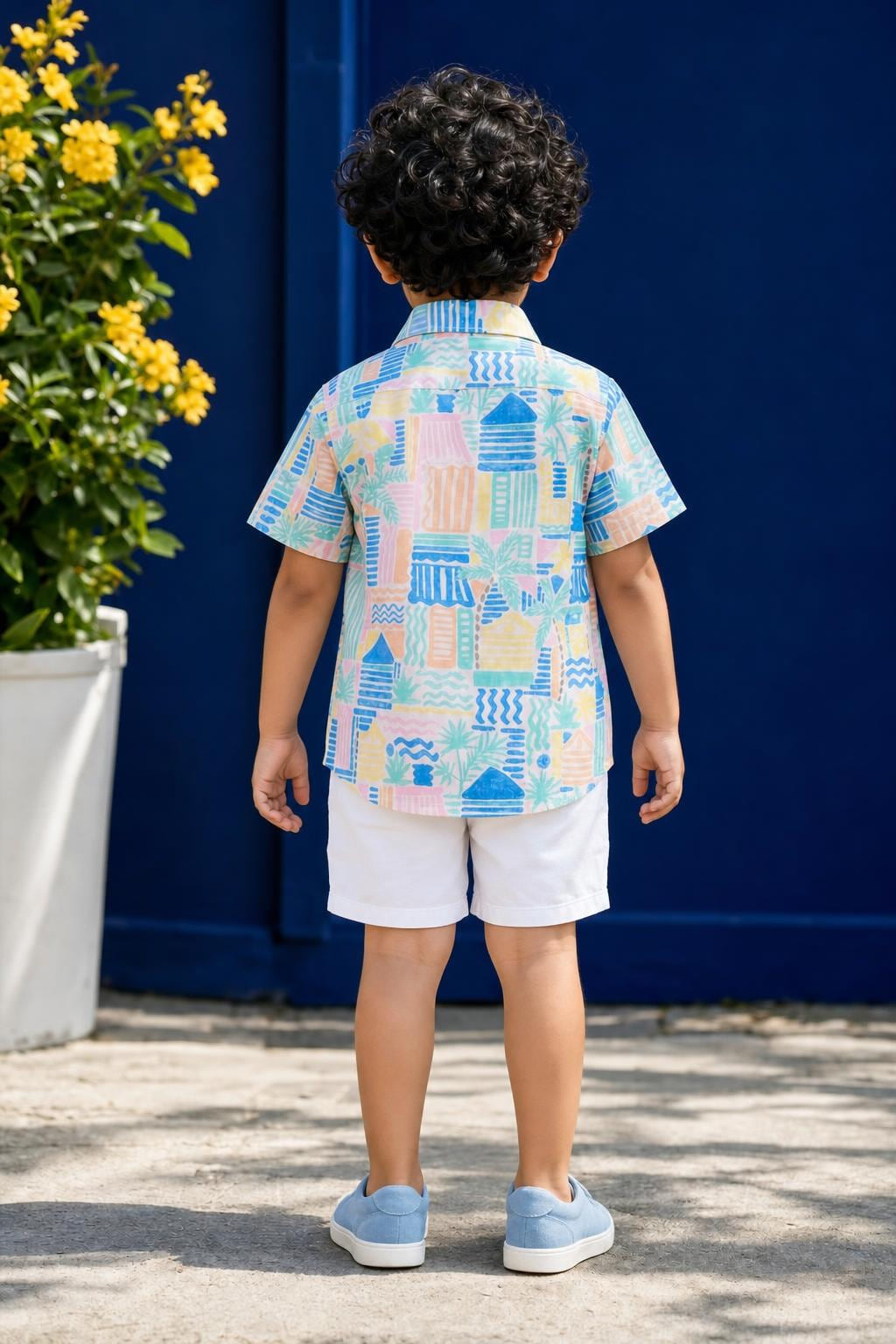 Back view of boys multicolor print linen shirt