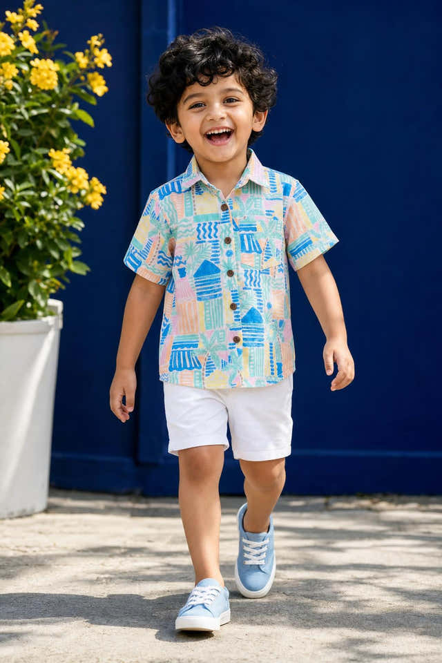 Boys Multicolor Print Linen Shirt