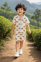Boy wearing boys tiger print coord set with matching shorts, front view