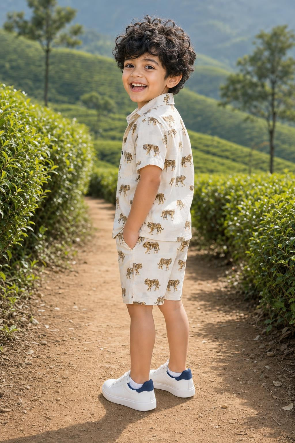 Side view of boys tiger print coord set shirt and shorts